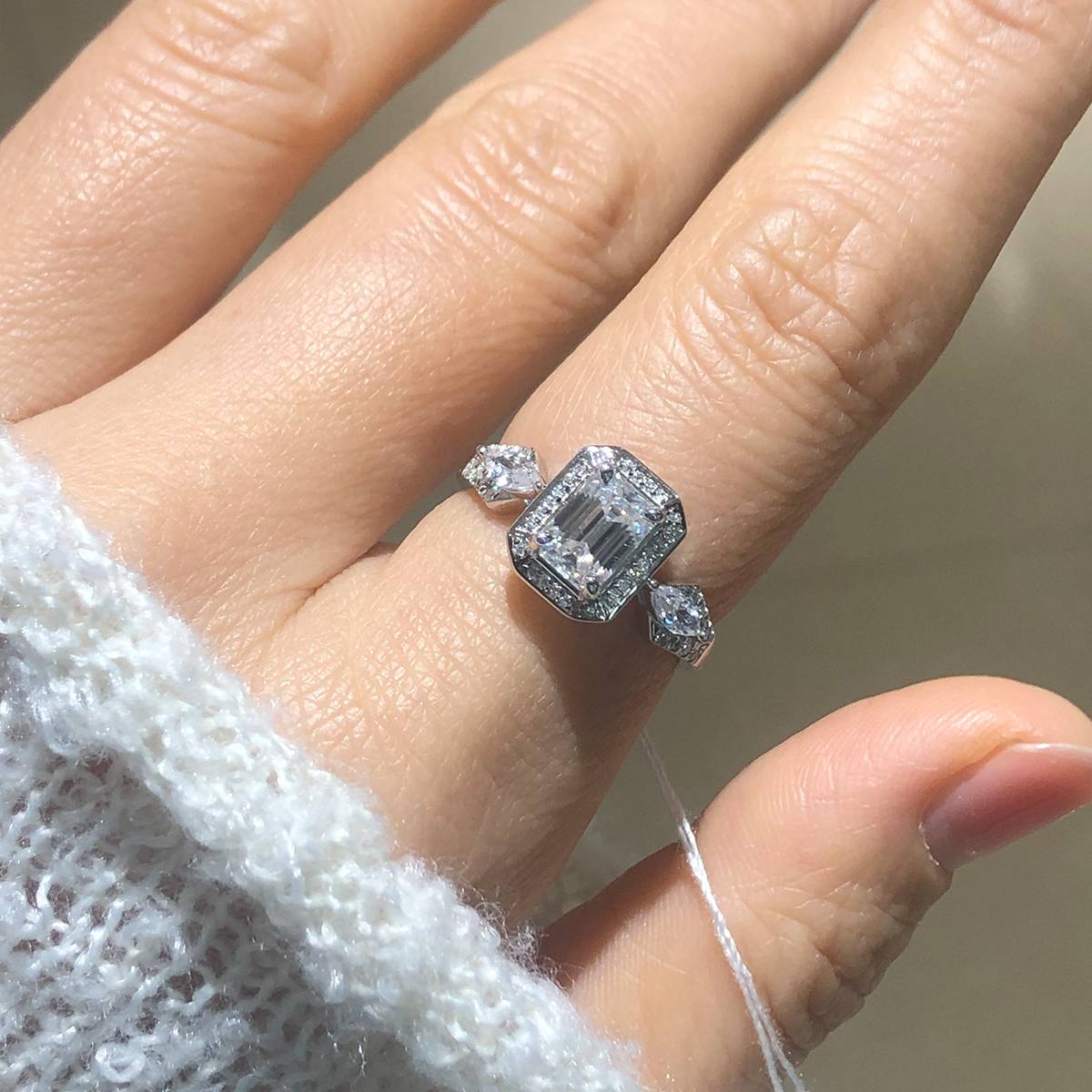 Three stone rectangular diamond women's ring S925 silver plated platinum custom selection main stone Moissanite 1.0ct/Side Stone Cubic Zirconia